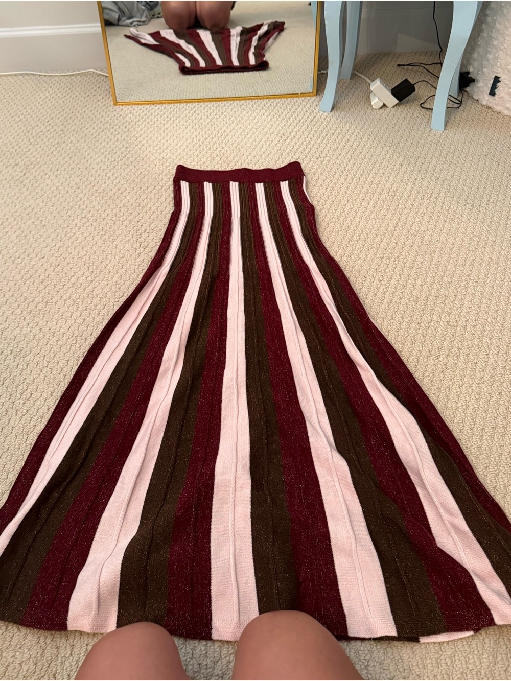 MINKPINK Burgundy, Pink & Brown Ribbed Stripe Maxi Skirt